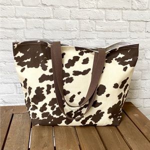 Handmade Foldable Travel/Market Tote - Brown/Cream Cowhide Print